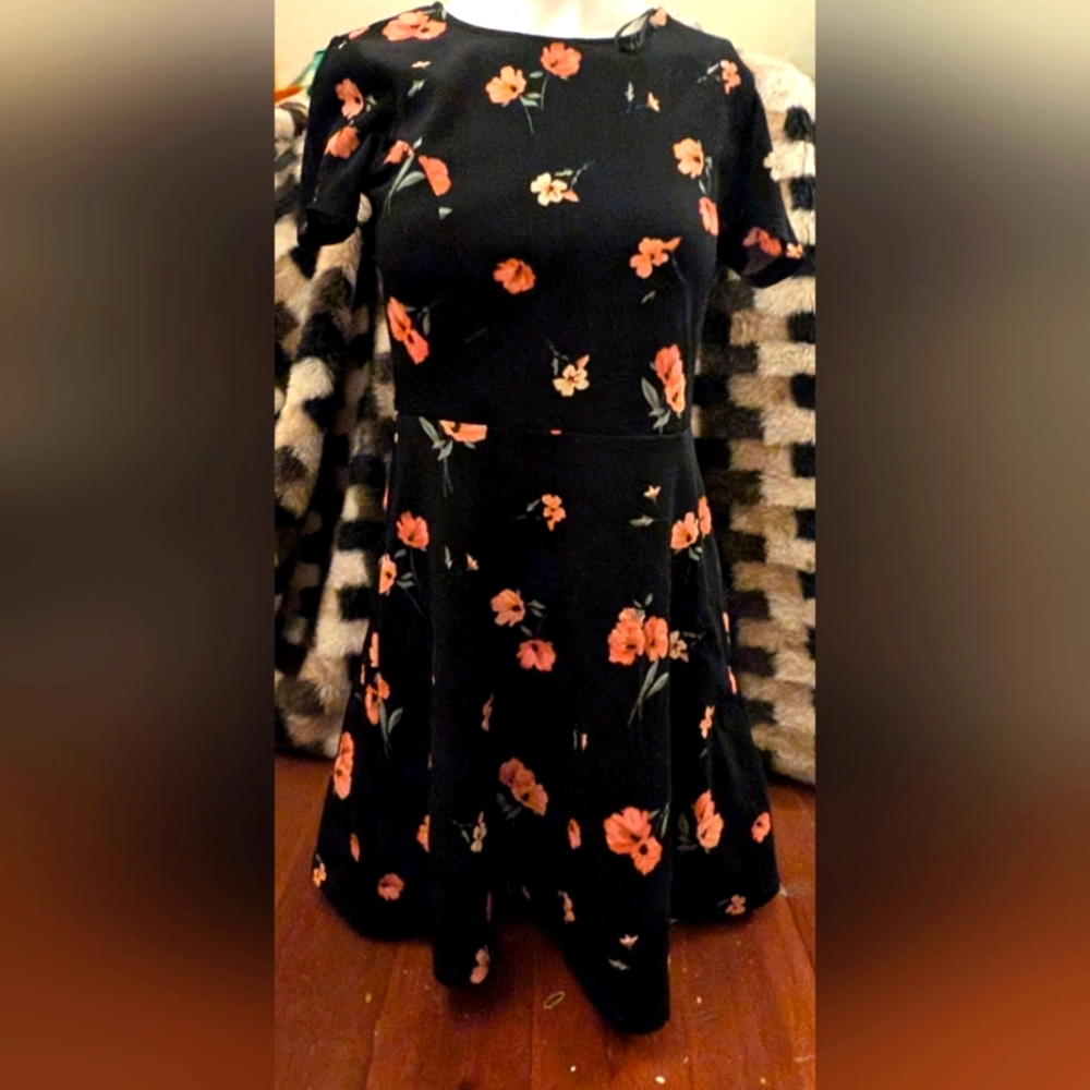 H&m black floral skater dress. Short sleeves full skirt. Crewneck. Pull over.